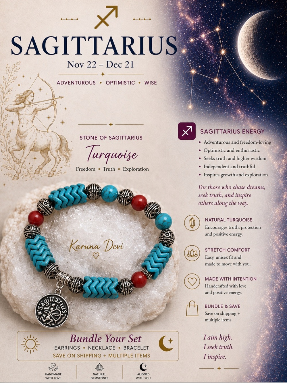 Sagittarius Turquoise & Red CORAL Unisex Stretch Bracelet
